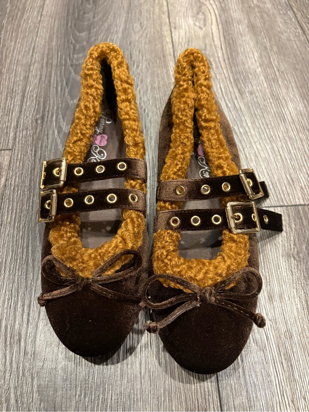 Cozy Brown Velvet Ballet Flats with Gold Buckles